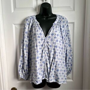 GAP Blouse Top Large Women Split Neck 3/4 Sleeve Blue Boho Peasant Summer